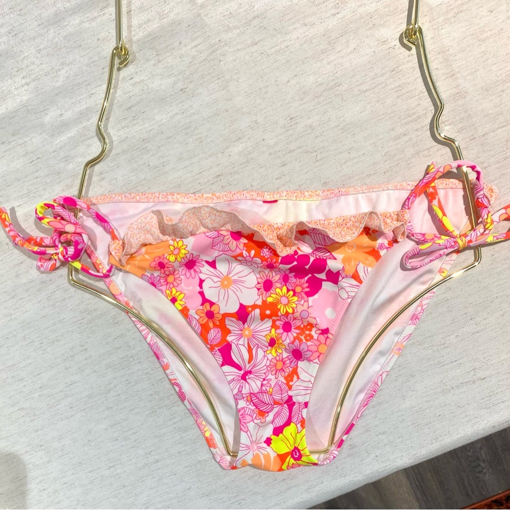 Victoria's Secret Pink and Orange Floral Ruffle Adjustable Bikini Bottom